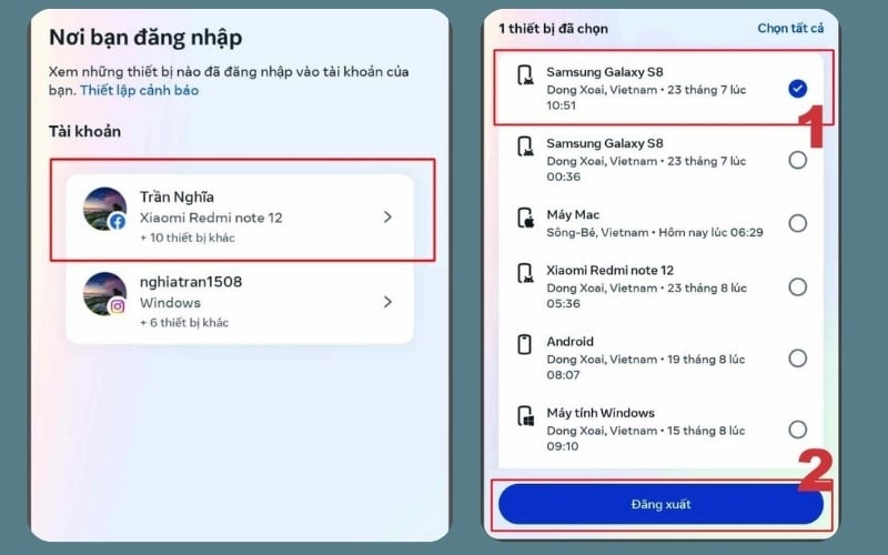Chọn tài khoản muốn đăng xuất, tích chọn các thiết bị nghi ngờ