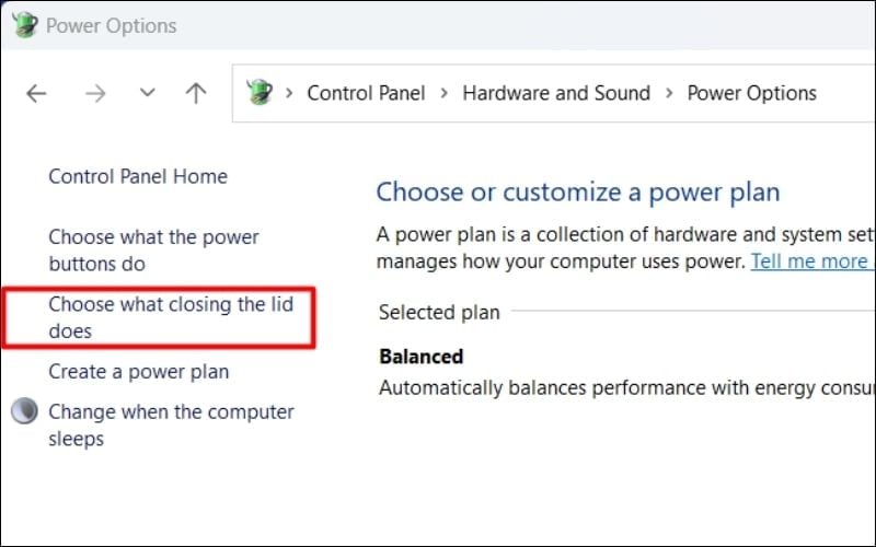 Chọn dòng Choose what closing the lid does
