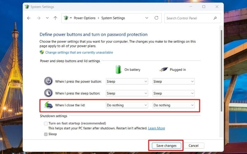 Chuyển trạng thái ở cả hai cột On battery và Plugged in thành Do nothing