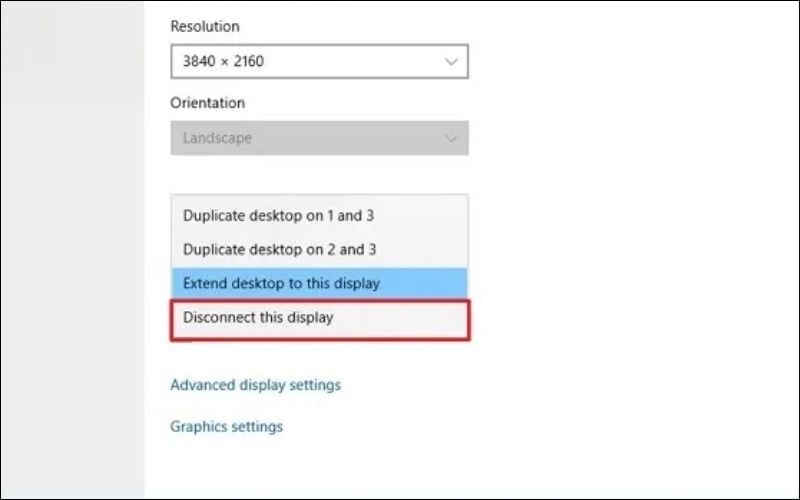 Chọn Disconnect this display từ menu thả xuống