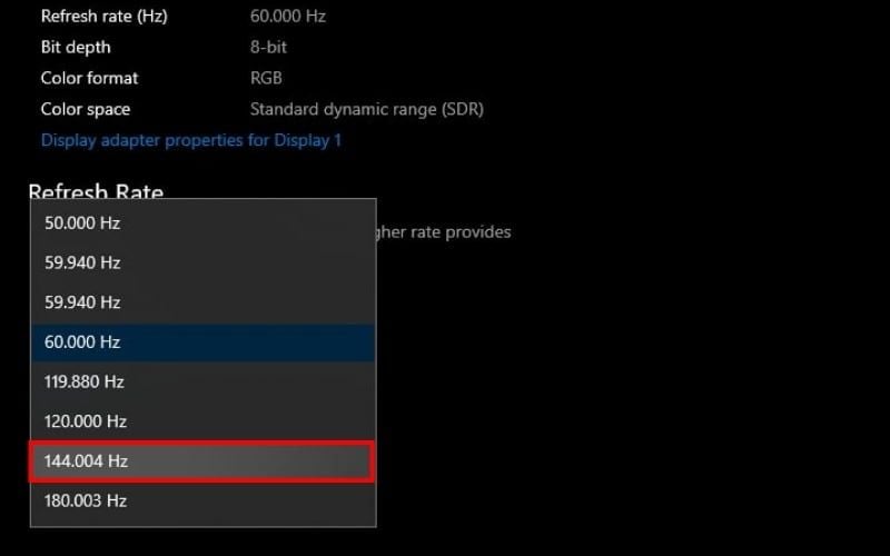 Điều chỉnh&nbsp;tần số quét lên 144Hz để trải nghiệm chơi game mượt mà hơn