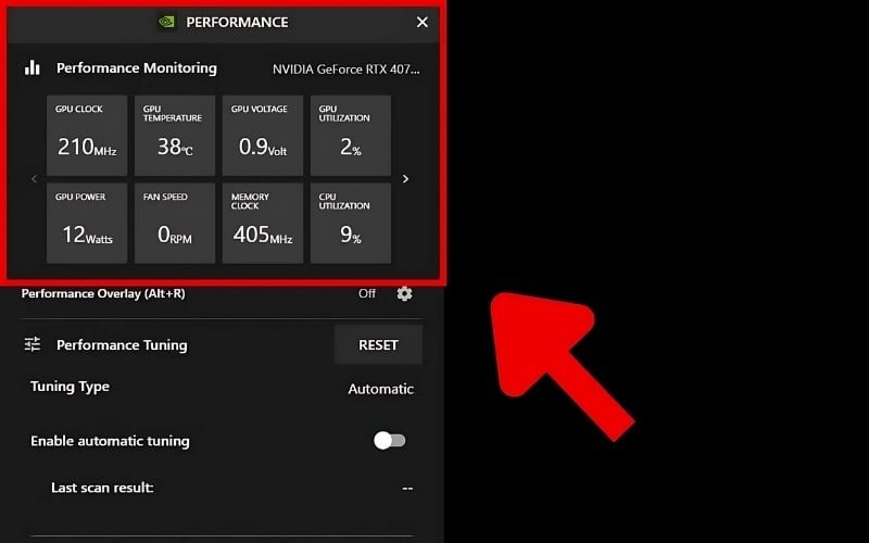Chọn Performance (Hiệu suất), bạn sẽ thấy các thông số bao gồm nhiệt độ GPU