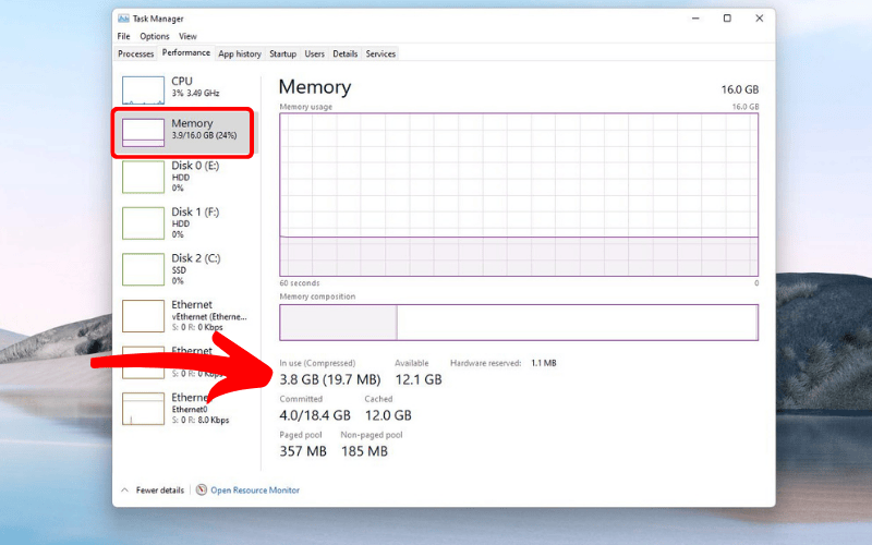 Kiểm tra tình trạng RAM qua Task Manager