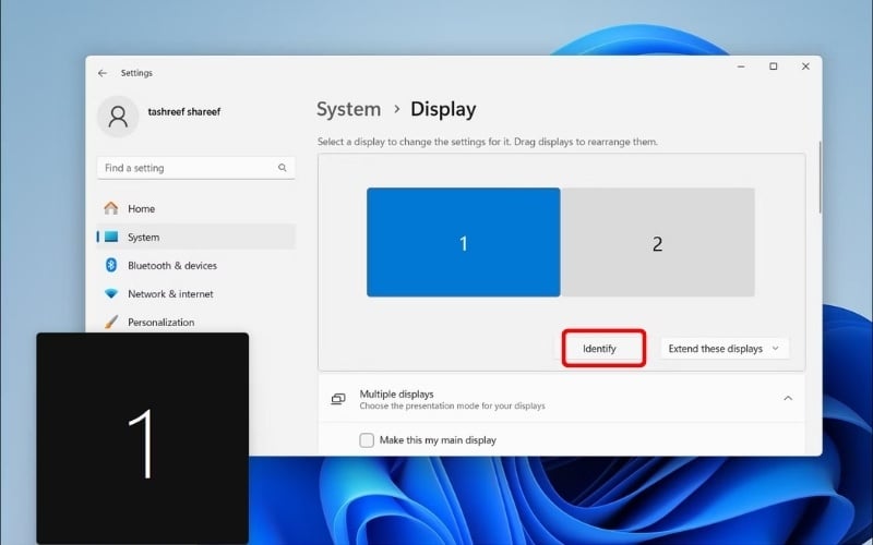 Chọn Identify và ô số tương ứng với màn hình muốn đặt làm màn hình chính