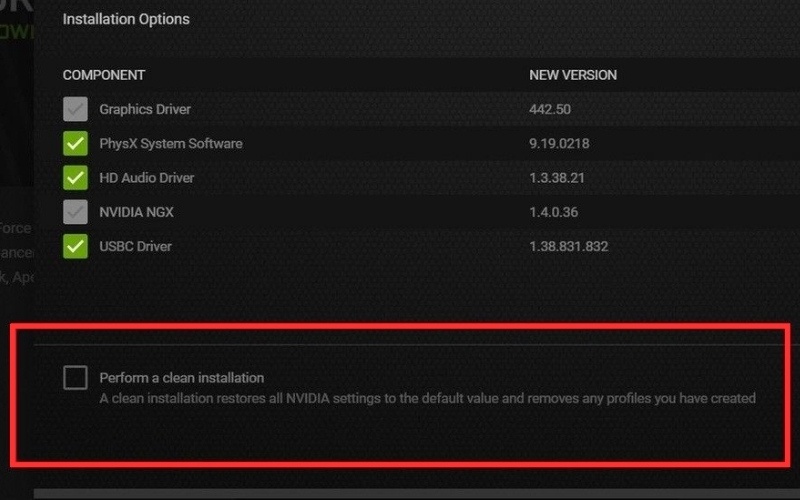 Cách tải NVDIA Control Panel và chọn Perform a clean installation