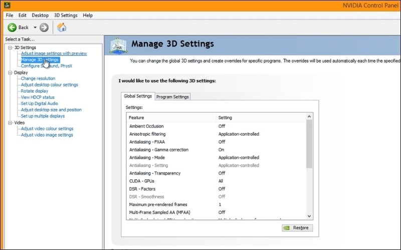Tính năng Manage 3D settings trong NVIDIA Control Panel