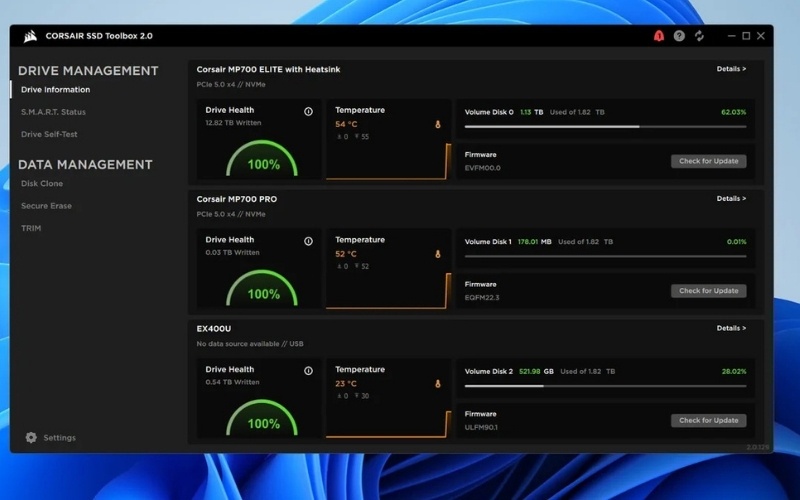 Giao diện phần mềm CORSAIR SSD Toolbox
