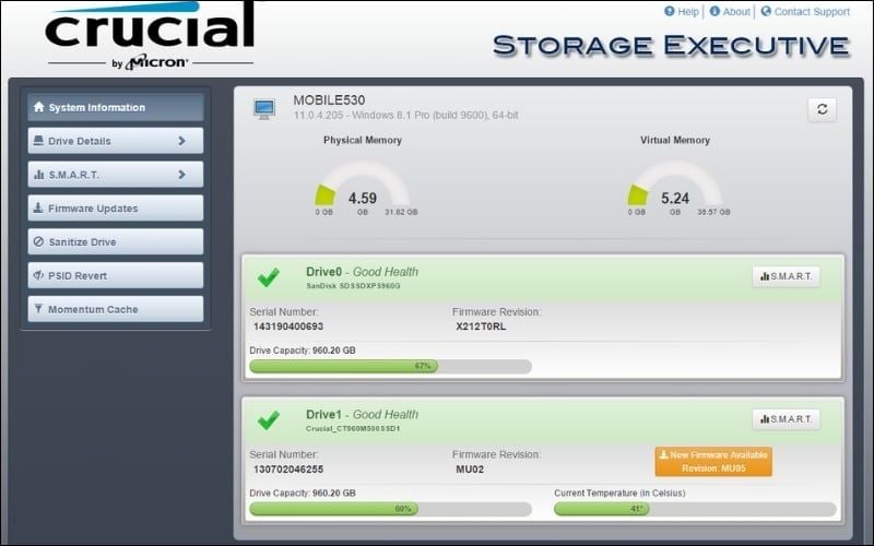 Phần mềm&nbsp;Crucial Storage Executive&nbsp;giúp theo dõi phần trăm sức khỏe ổ cứng