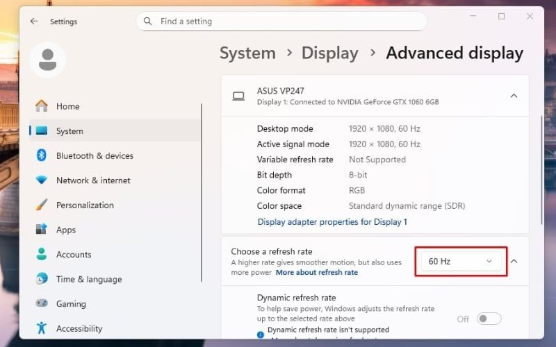 Thử hạ tần số quét xuống 60Hz trong Windows