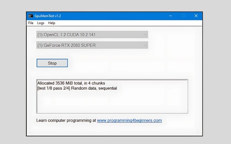 GPUMemTest là một công cụ chuyên dụng để kiểm tra bộ nhớ video (VRAM) của card đồ họa