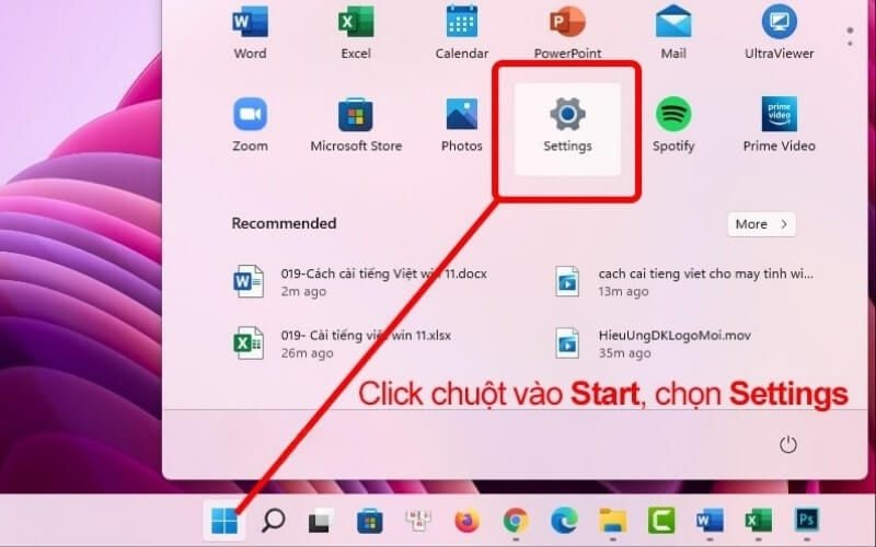 Click chuột vào menu Start, chọn Settings