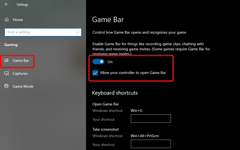 Gạt công tắc tại mục Game Bar sang On