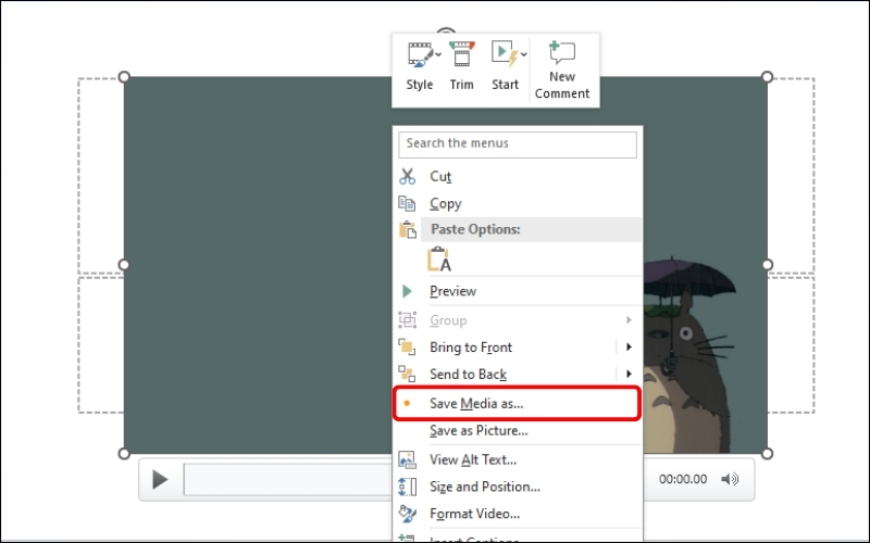 Chuột phải vào video trên slide > Chọn Save Media as để lưu