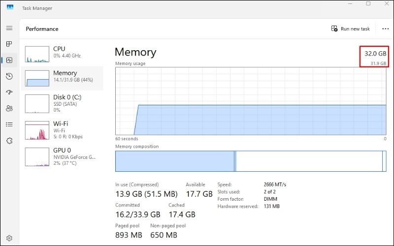Bạn có thể kiểm tra dung lượng, tốc độ và loại RAM bằng Task Manager