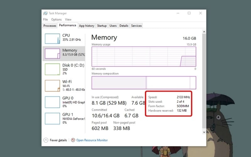 Kiểm tra RAM trên laptop trong Task Manager