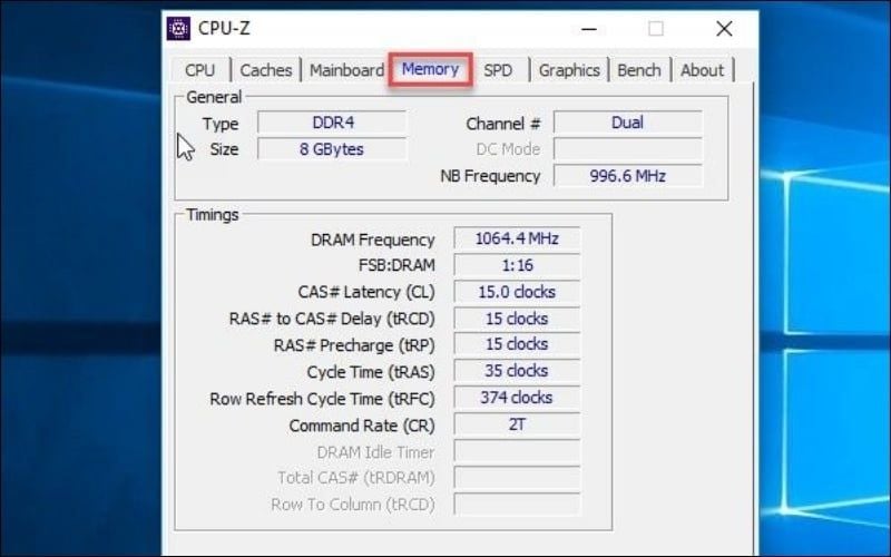 Mở tab Memory trong phần mềm CPU-Z để kiểm tra thông số RAM