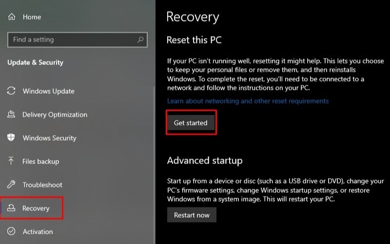 Tại mục Reset this PC, nhấn vào Get started
