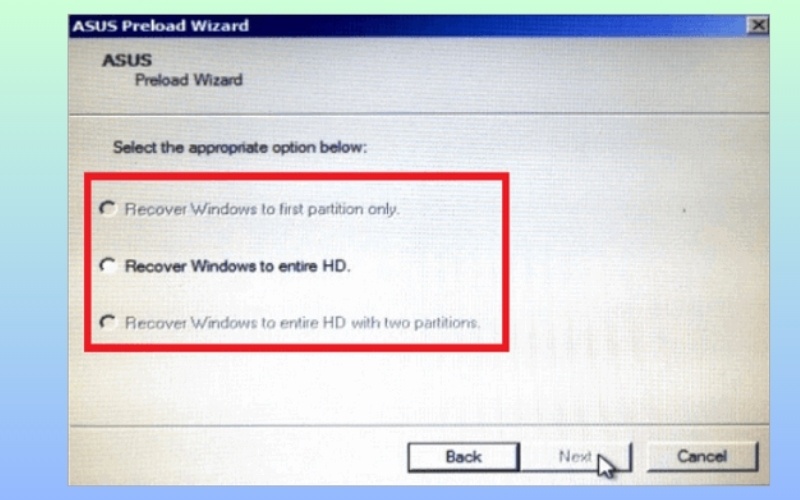 Bạn sẽ thấy cửa sổ ASUS Preload Wizard với một số tùy chọn
