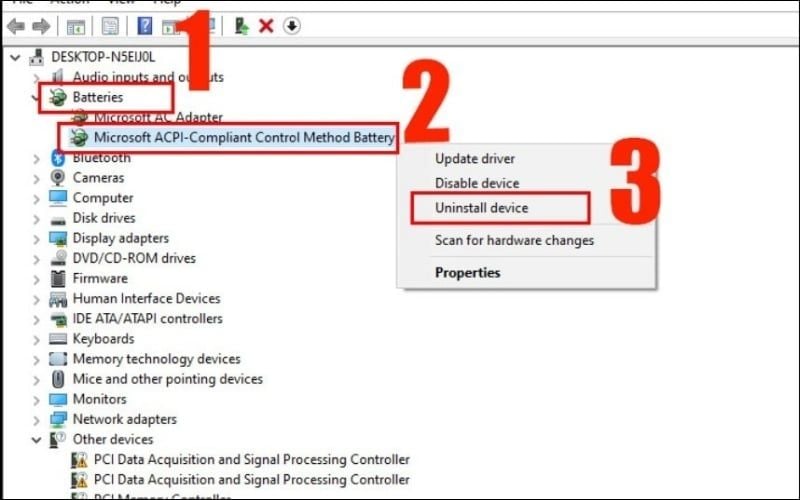 Chuột phải vào Microsoft ACPI-Compliant Control Method Battery, chọn Uninstall device