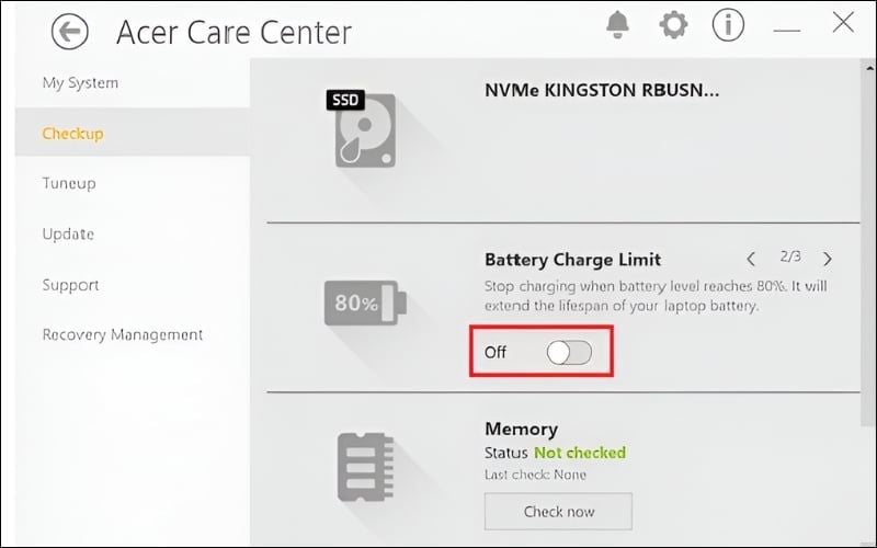 Tắt trạng thái&nbsp;Battery Charge Limit trong phần mềm&nbsp;Acer Care Center