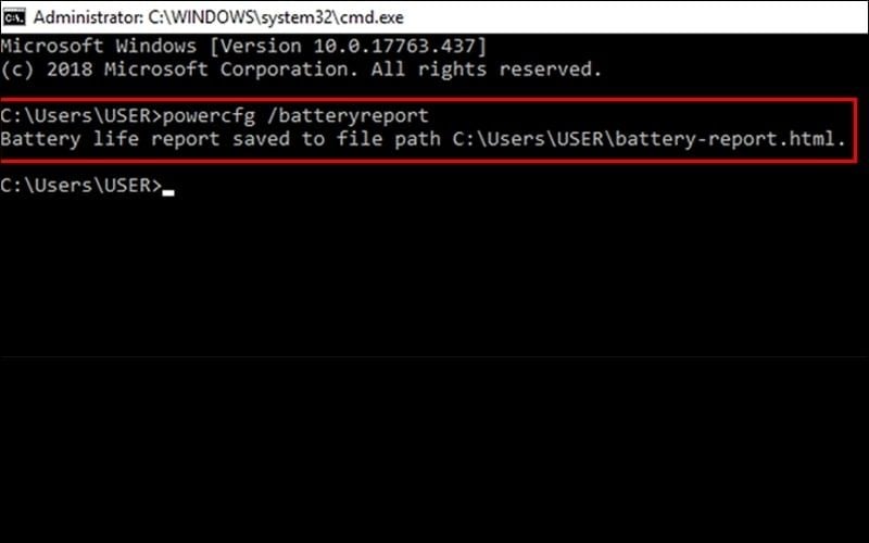 Nhập&nbsp;lệnh powercfg /batteryreport trong cửa sổ CMD để kiểm tra độ chai pin
