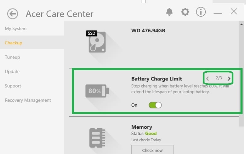 Gạt công tắc tại dòng Battery Charge Limit sang trạng thái On