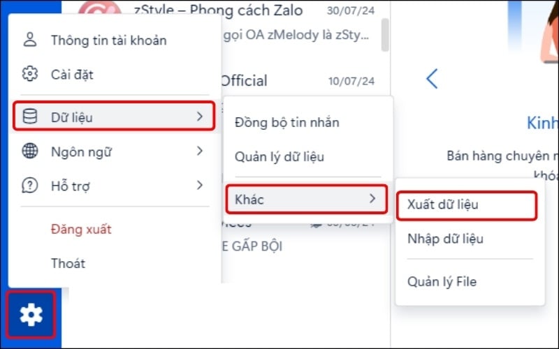 Chọn&nbsp;Xuất dữ liệu để&nbsp;tạo bản sao lưu
