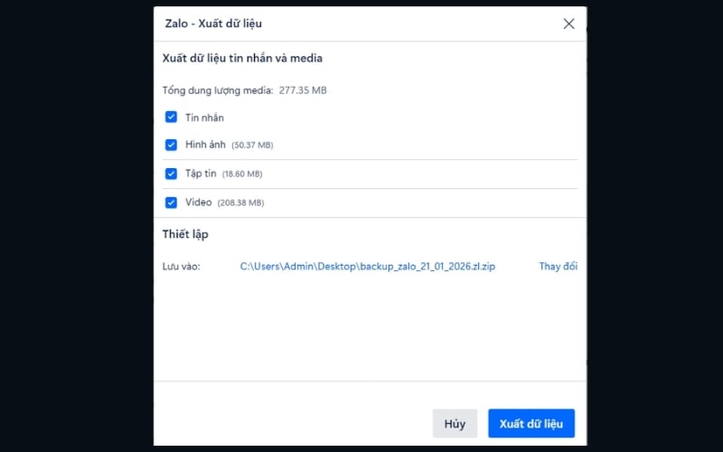 Trong cửa sổ Xuất dữ liệu, chọn loại dữ liệu bạn muốn sao lưu