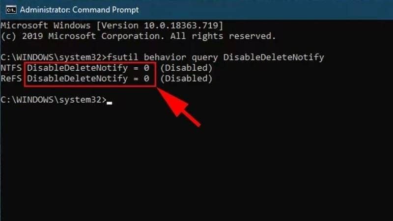 Nếu kết quả trả về là 0, TRIM đã được bật​​​​​​​
