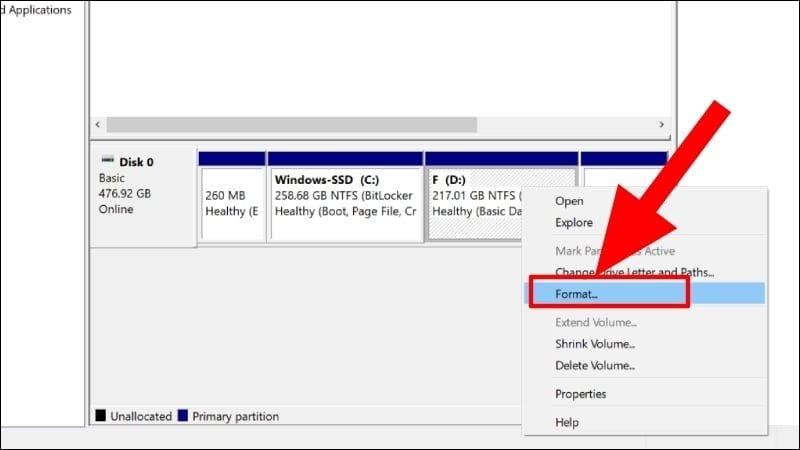 Nhấp chuột phải vào phân vùng lỗi, chọn Format