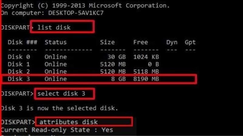 Nhập lệnh attributes disk clear readonly