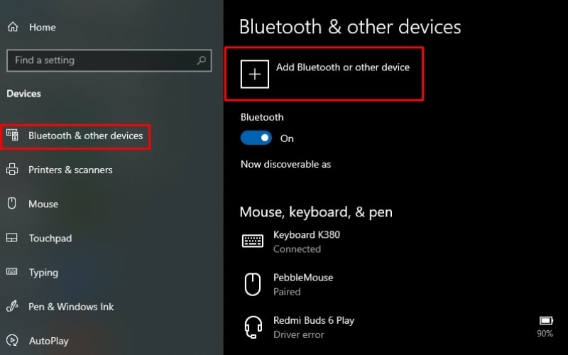Nhấp vào dấu cộng&nbsp;Add Bluetooth or other device