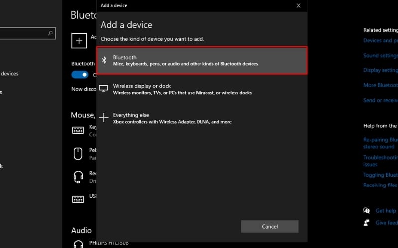Trong cửa sổ&nbsp;Add a device, chọn&nbsp;Bluetooth