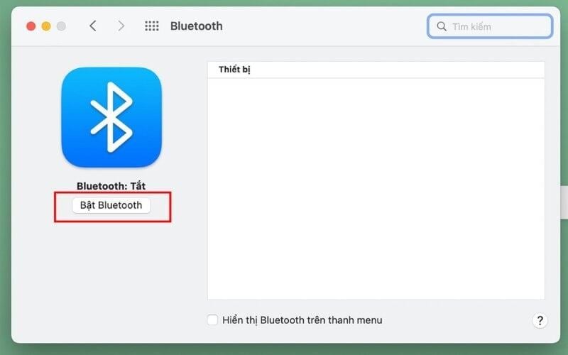 Tìm và chọn mục Bluetooth, sau đó nhấn vào ô Bật Bluetooth