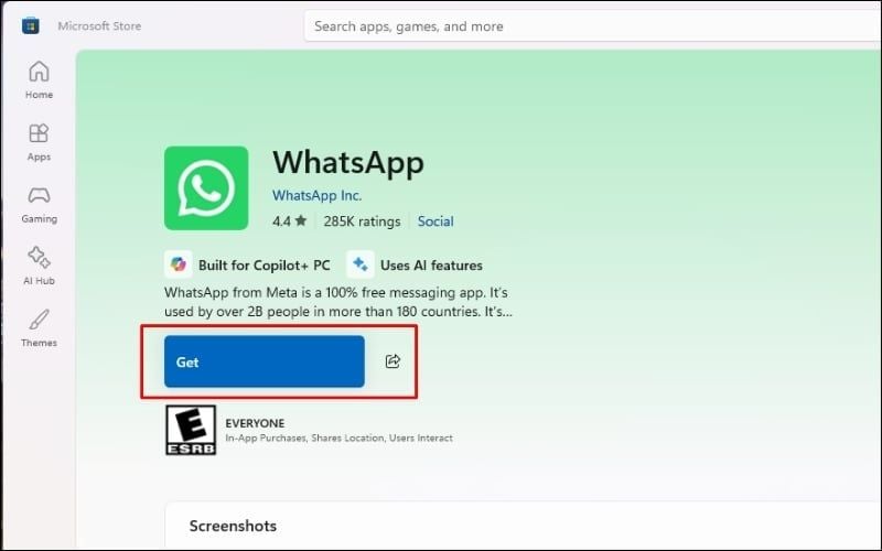 Chọn Get để tải và cài đặt Whatsapp