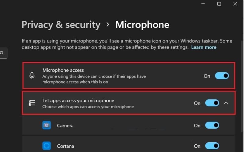 Bật nút On để cấp quyền truy cập microphone cho ứng dụng