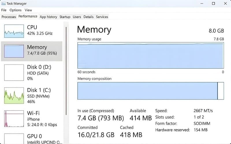 Sử dụng Task Manager để kiểm tra dung lượng RAM sau khi nâng cấp