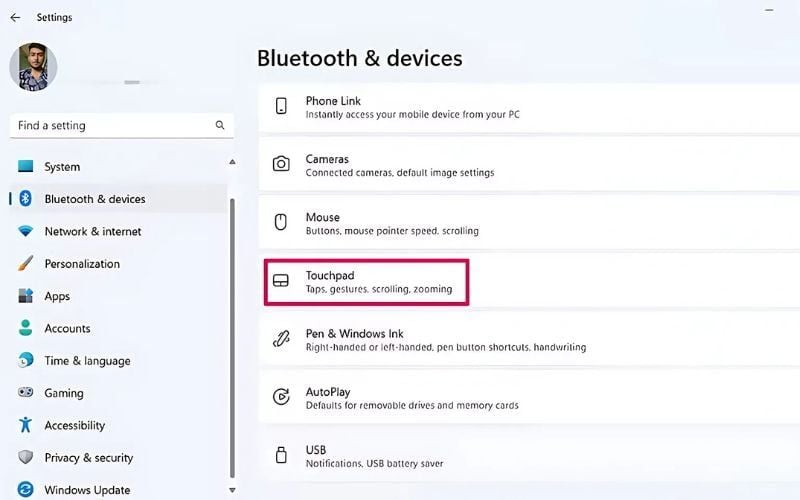 Tìm và nhấp vào mục Touchpad