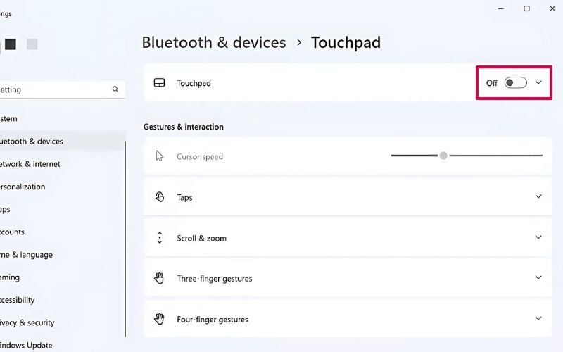 Bạn gạt công tắc sang Off để tắt hoặc On để bật lại touchpad