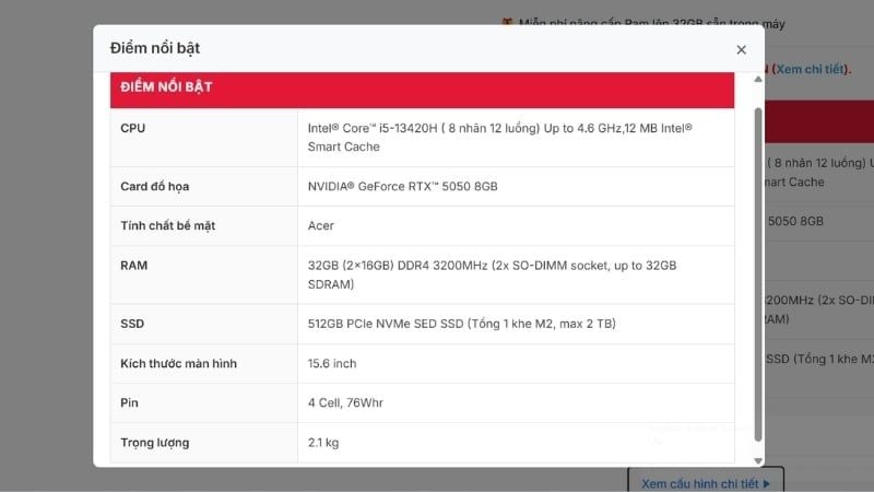 Kiểm tra mục Thông số kỹ thuật