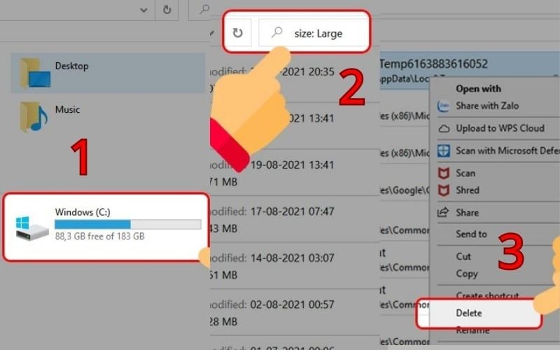 Nhập lệnh size: Large tại khung search để&nbsp;lọc ra các tập tin có dung lượng lớn và xóa đi