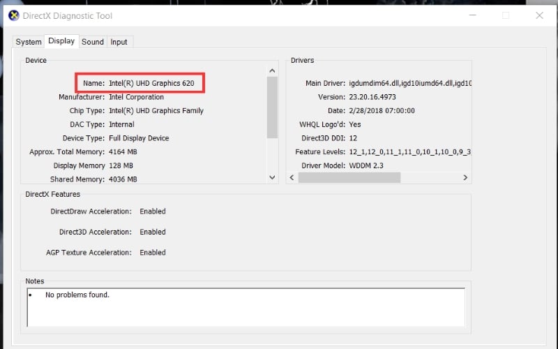 Dùng lệnh dxdiag để kiểm tra card đồ họa