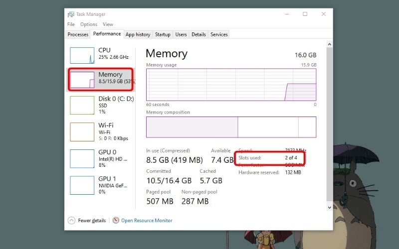 Nếu hệ thống hiển thị 1 of 2, nghĩa là laptop của bạn có 2 khe cắm vật lý và hiện mới chỉ sử dụng 1 khe