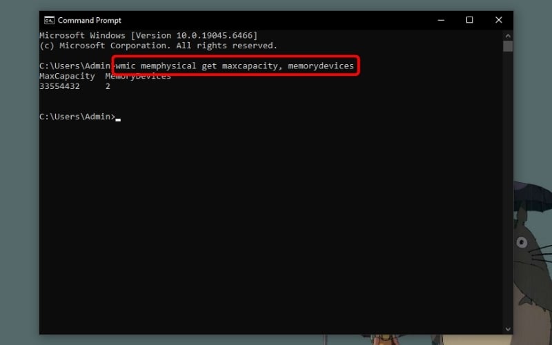 Kiểm tra khe RAM bằng Command Prompt