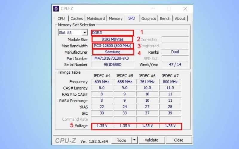 Kiểm tra số khe RAM tại Tab SPD trong CPU-Z
