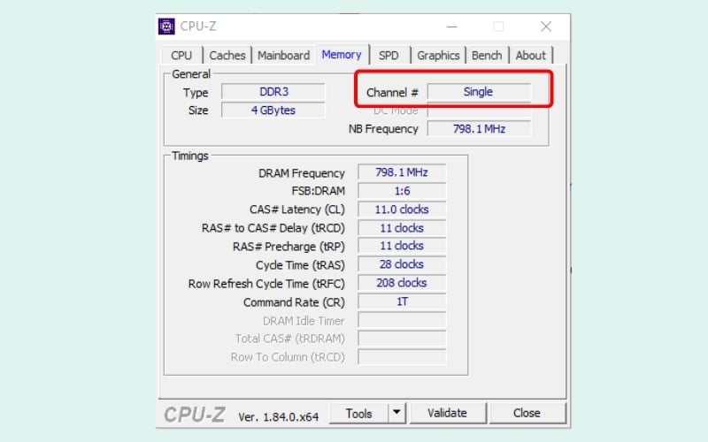 Kiểm tra tại Tab Memory