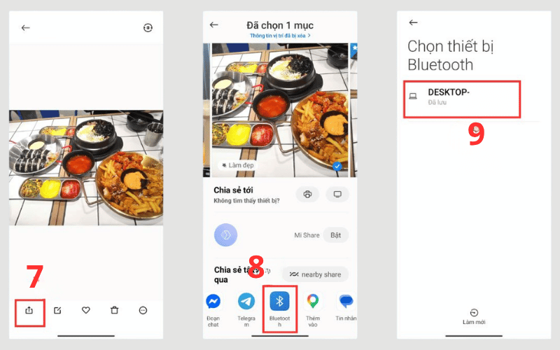 Chọn ảnh trên điện thoại và bấm chia sẻ qua Bluetooth