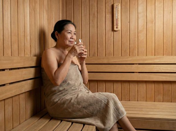 Người sử dụng ngồi nghỉ ngơi an toàn ở băng ghế thấp trong phòng xông hơi.