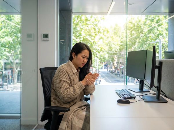 Nhân viên văn phòng Việt Nam bị lạnh tay chân và phải mặc áo ấm giữa mùa hè do ngồi máy lạnh.