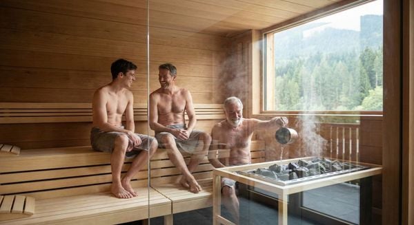 Ba thế hệ trong gia đình cùng nhau xông hơi, gắn kết tình cảm.